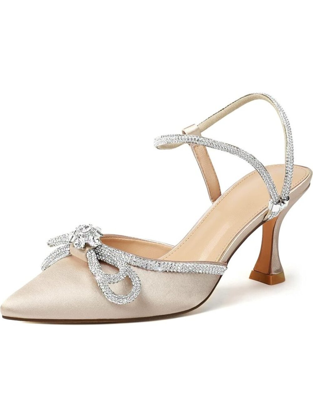 Women's Apricot Bow Closed Toe Rhinestone Low Slingback Shoes Kitten Heels